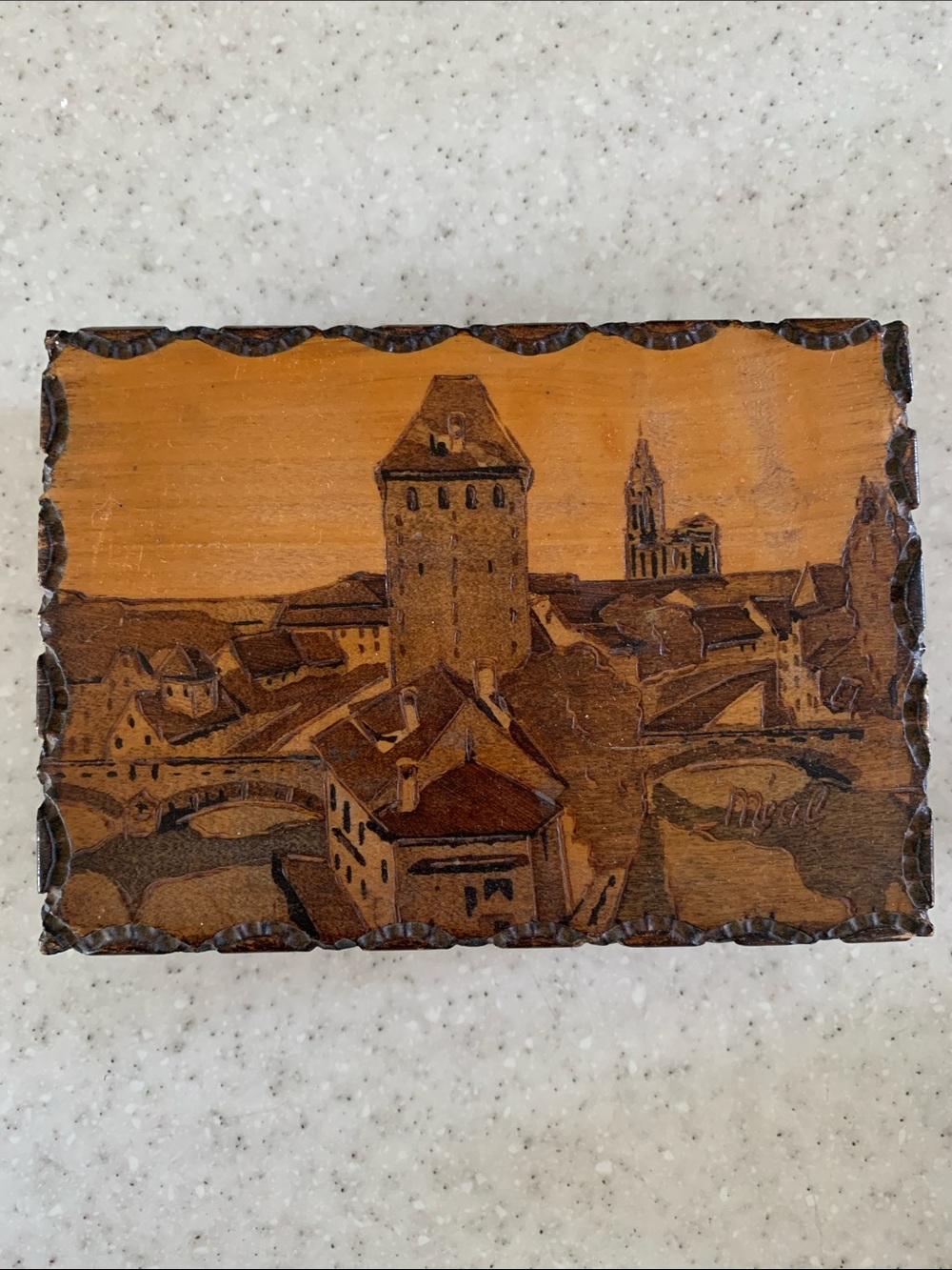 Hand-Carved Wooden Cityscape Trinket Box - Warm Brown